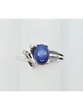 Unique 14K Solid White Gold Designer Star Sapphire & Diamond Ring - Size 5.75